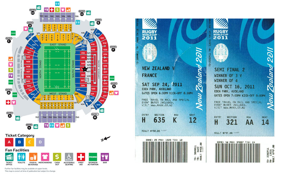 Map of Eden park and copy of ticket stubs